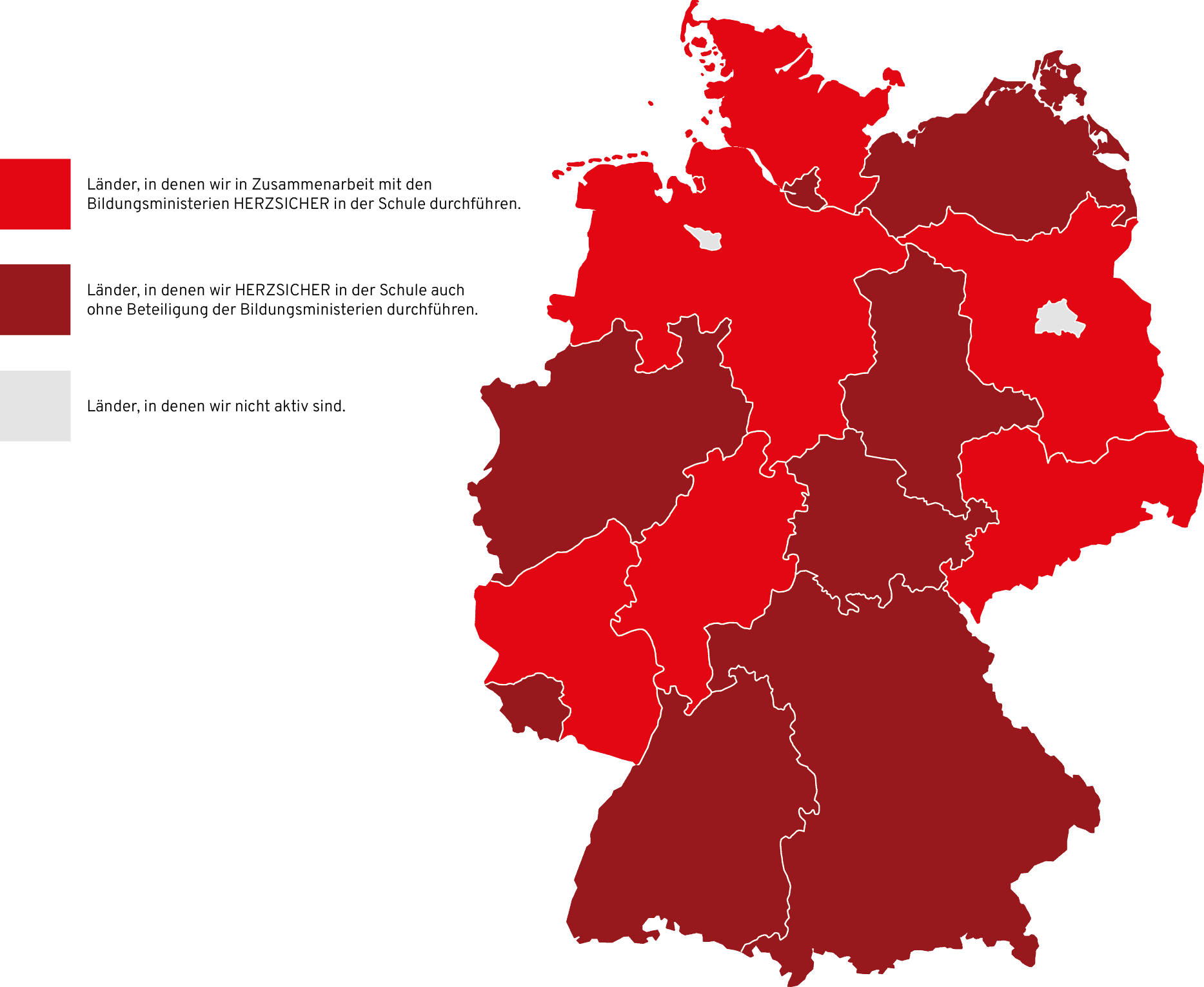 Deutschlandkarte, welche die Aktivität der Initiative "Herzsicher in der Schule" in den Bundesländern zeigt.